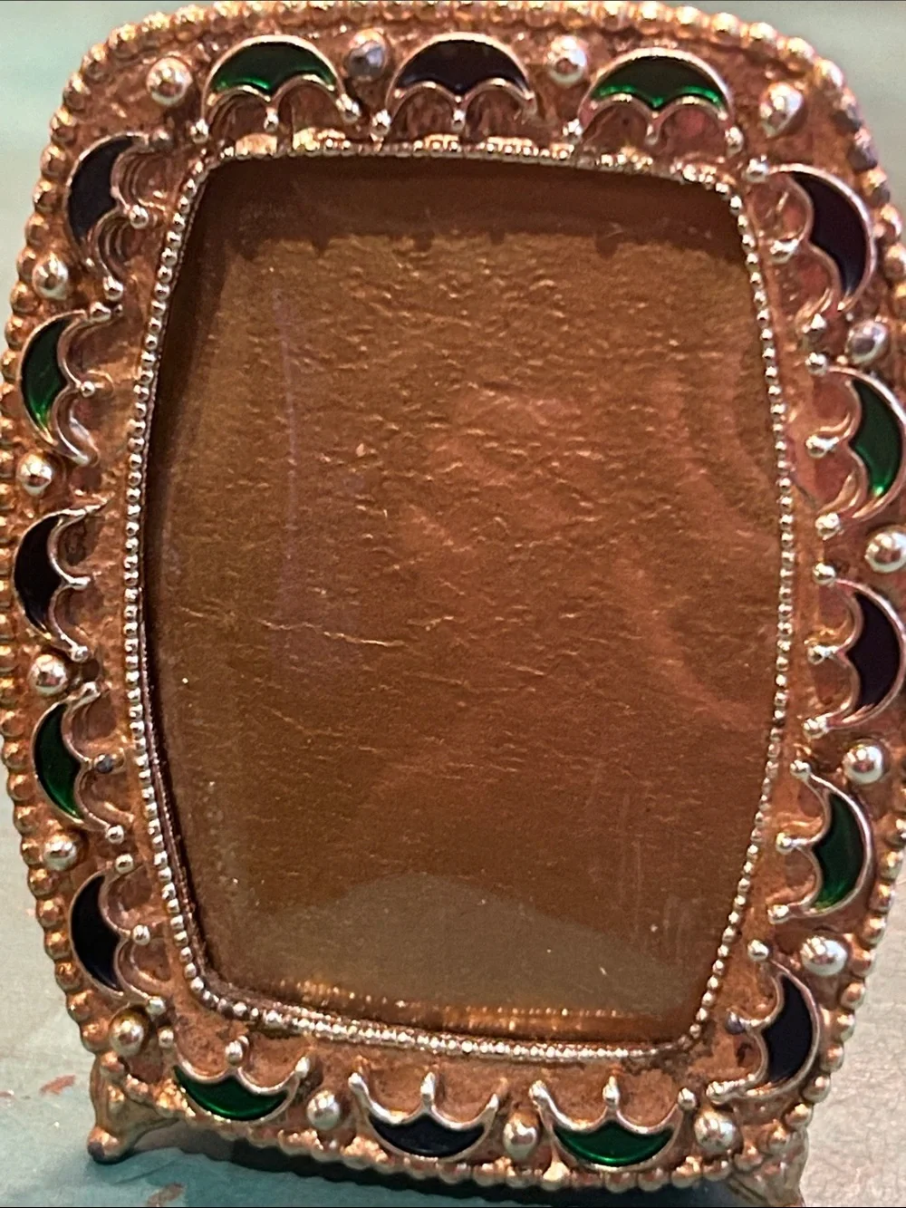 Vintage Ornate Gold Tone Mini Picture Frames with Green/Navy Enamel Accents